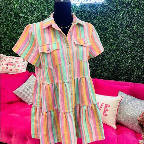 Multi Stripe Denim Tiered Short Why Dress  Size L - Picture 1 of 12